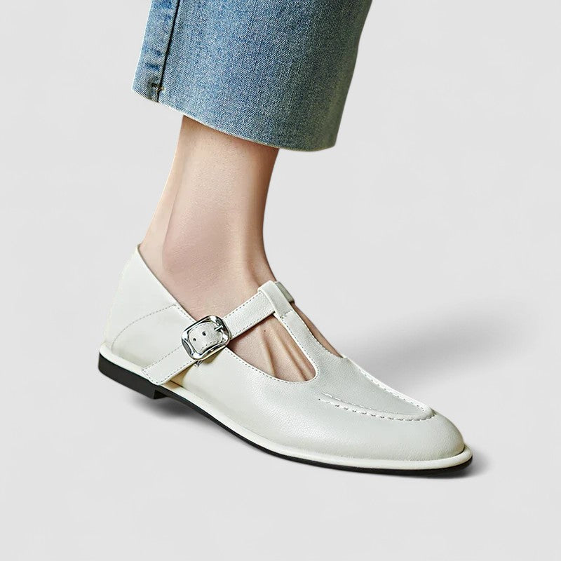 Odette | Cutout T-Strap Leather Mary Jane Flats