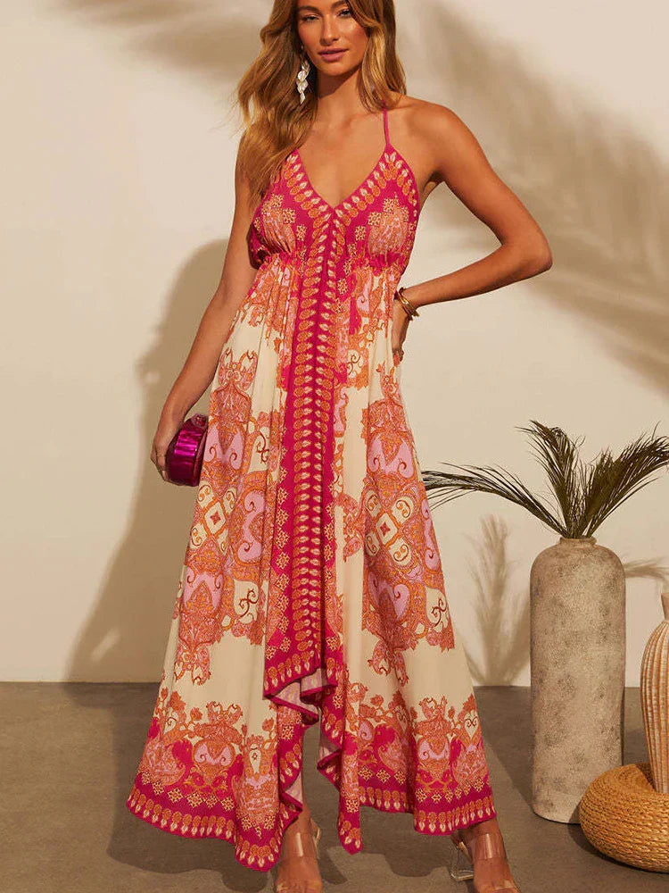 Sorrento | Paisley Crochet Trim V-Neck Halter Neck Maxi Dress