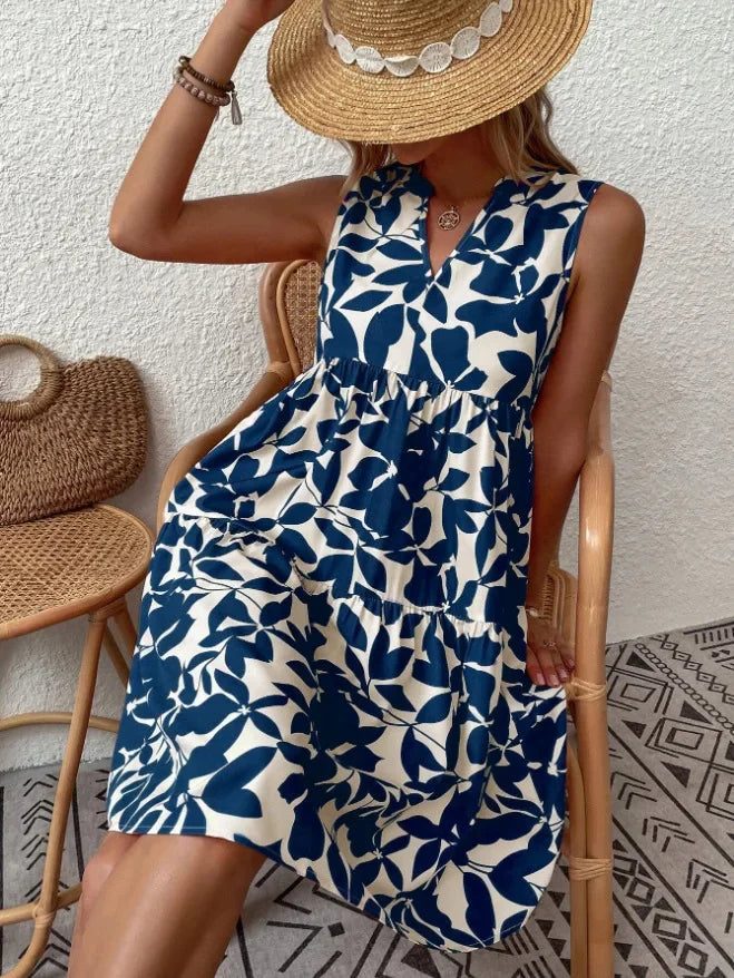 Josette | Women's V-Neck Tiered Summer Dress with Botanical Print