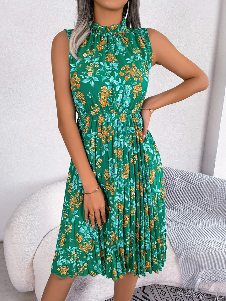 Zinnia | Floral Frill Neck Womens Pleated Midi Dress Sleeveless