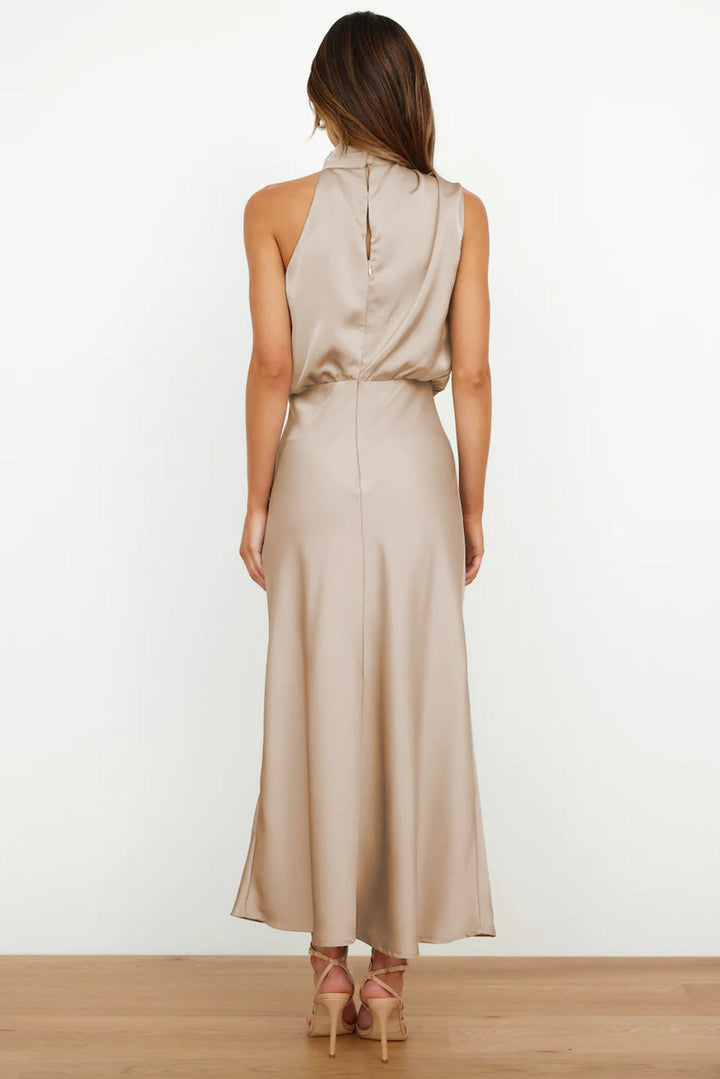 Sienna | Draped Twist Blouson Halter Neck Maxi Dress in Satin