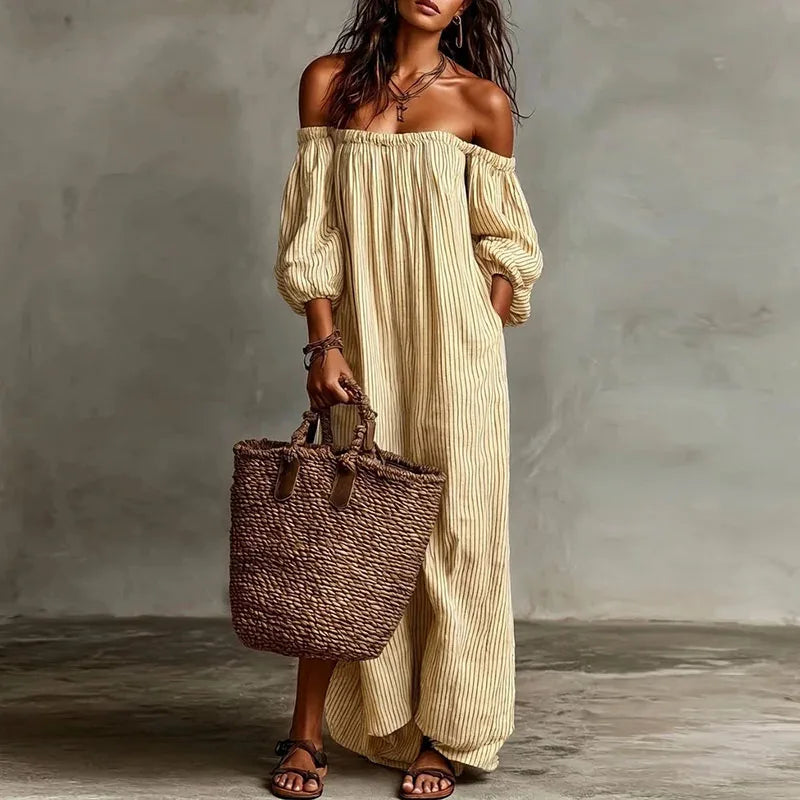 Paloma | Striped Puff Sleeve Off Shoulder Dress