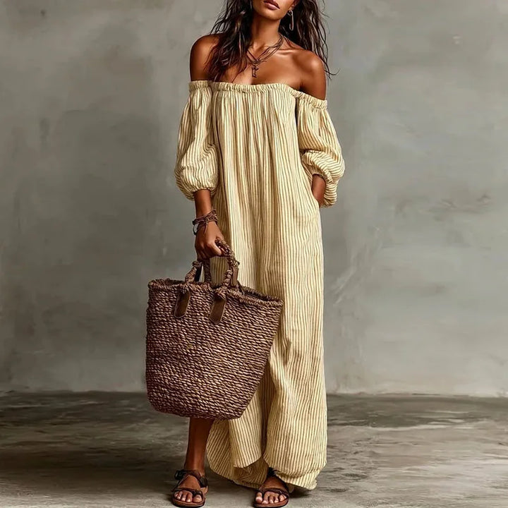 Paloma | Striped Puff Sleeve Off Shoulder Dress