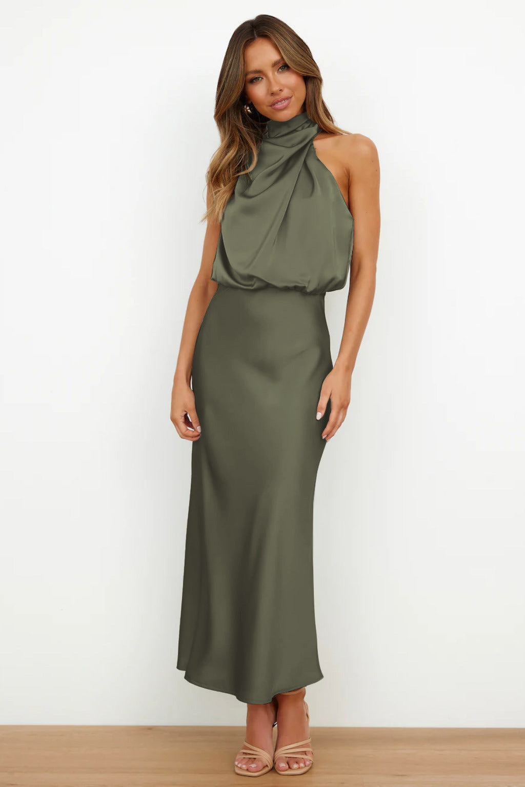 Sienna | Draped Twist Blouson Halter Neck Maxi Dress in Satin