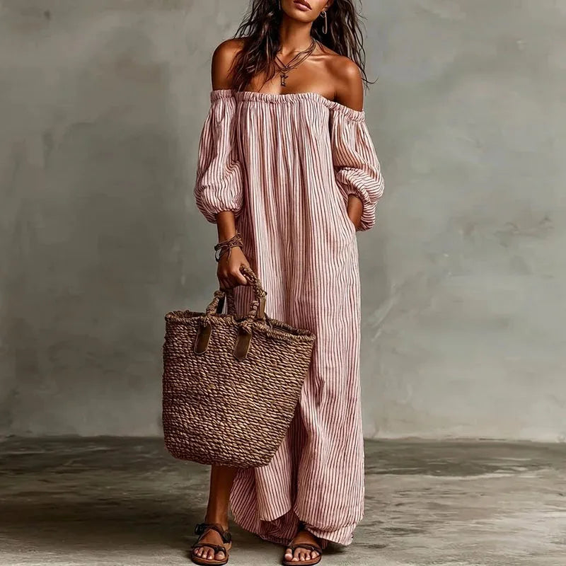 Paloma | Striped Puff Sleeve Off Shoulder Dress