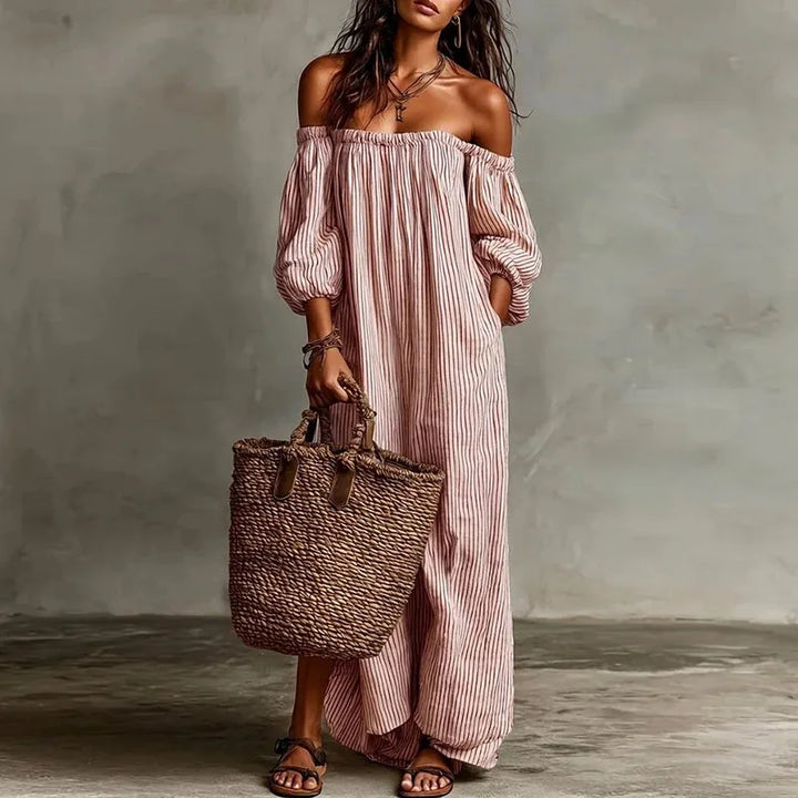 Paloma | Striped Puff Sleeve Off Shoulder Dress