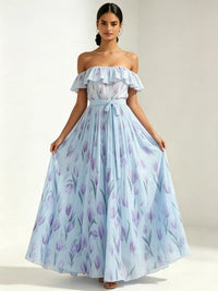 Flora | Tulip Print Ruffle Bardot Off Shoulder Dress