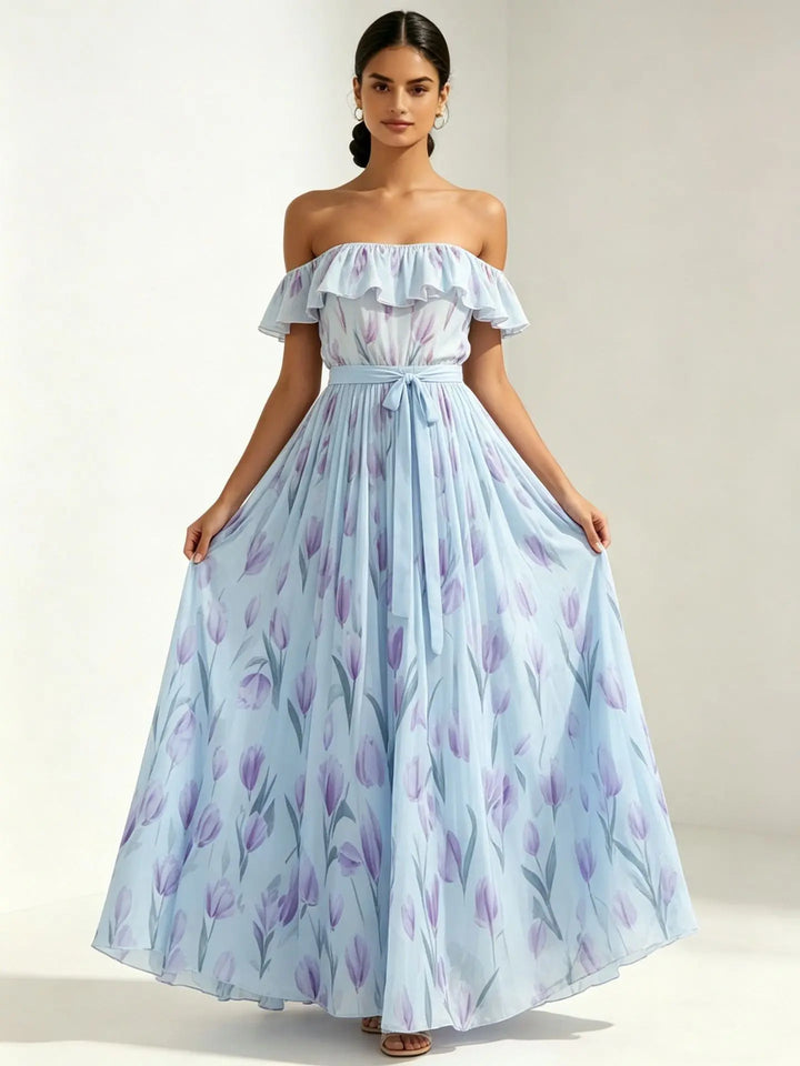 Flora | Tulip Print Ruffle Bardot Off Shoulder Dress