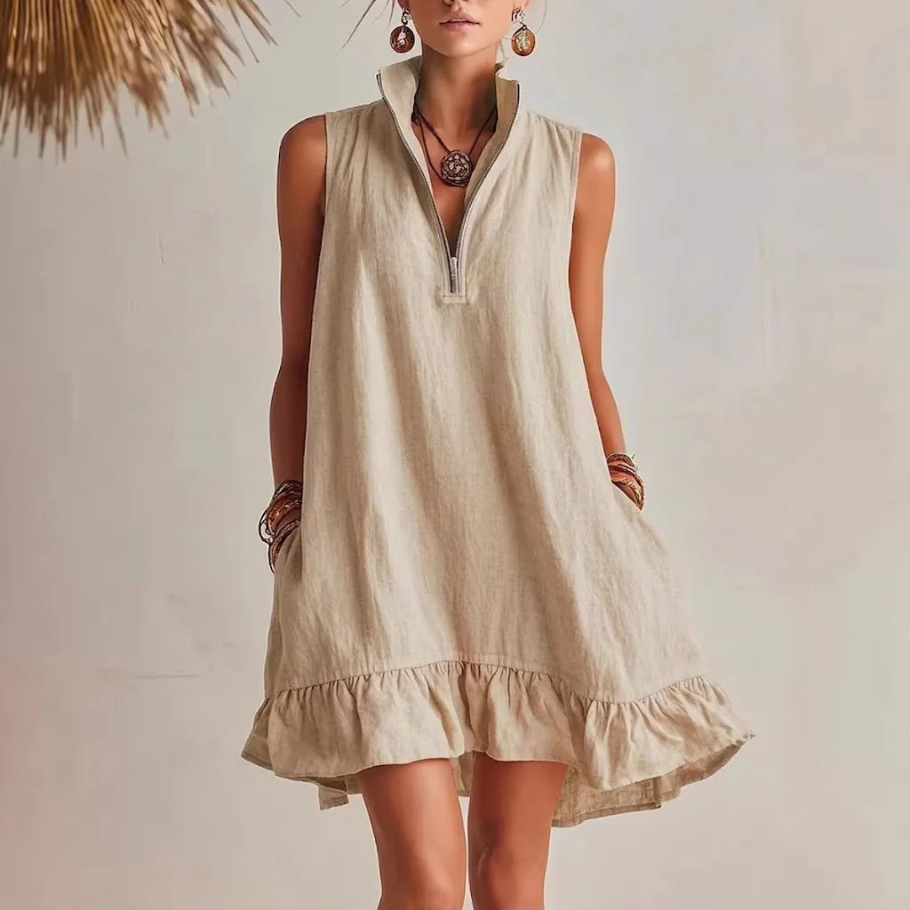 Isolde | Women's Zip Stand Collar Ruffle Hem Mini Dress