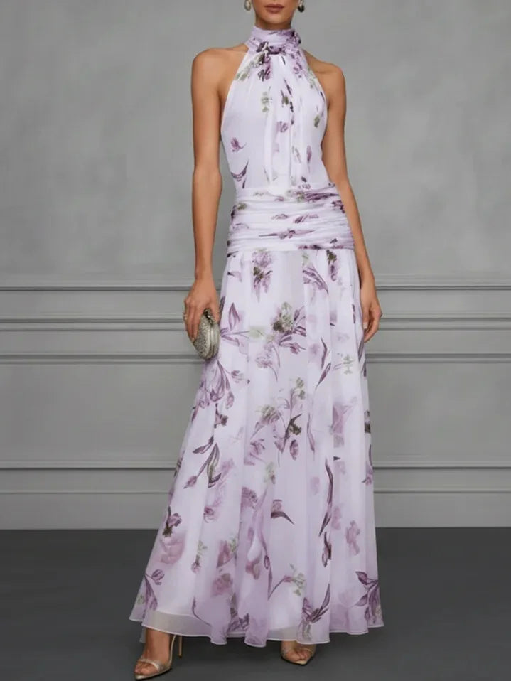 Clarisse | Floral Chiffon Ruched Waist Halter Neck Dress
