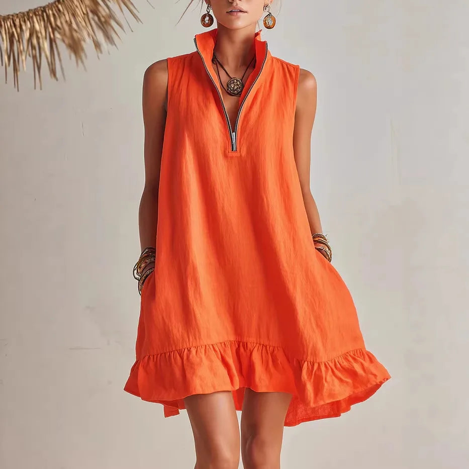 Isolde | Women's Zip Stand Collar Ruffle Hem Mini Dress