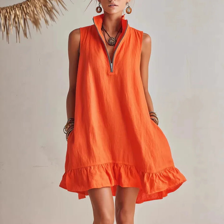 Isolde | Women's Zip Stand Collar Ruffle Hem Mini Dress