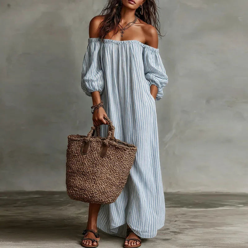 Paloma | Striped Puff Sleeve Off Shoulder Dress