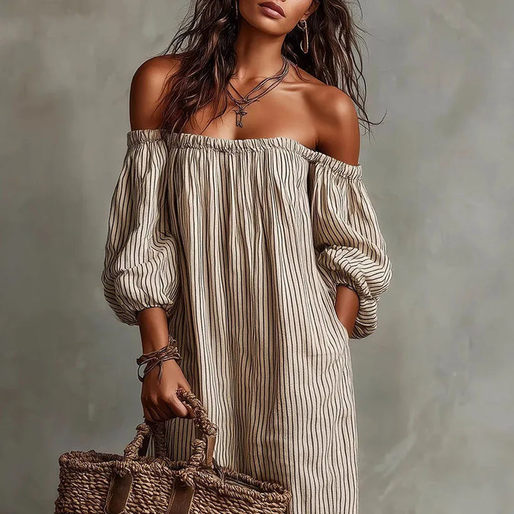 Paloma | Striped Puff Sleeve Off Shoulder Dress