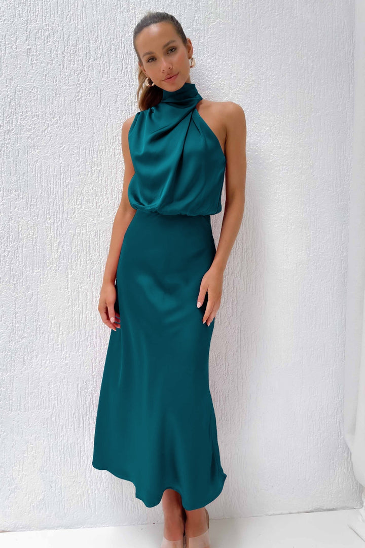 Sienna | Draped Twist Blouson Halter Neck Maxi Dress in Satin
