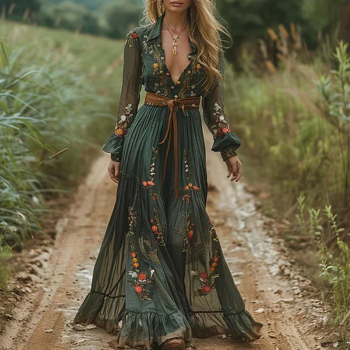 Wilhelmina | Floral Embroidered Shirt Collar Boho Dress with Tie Belt