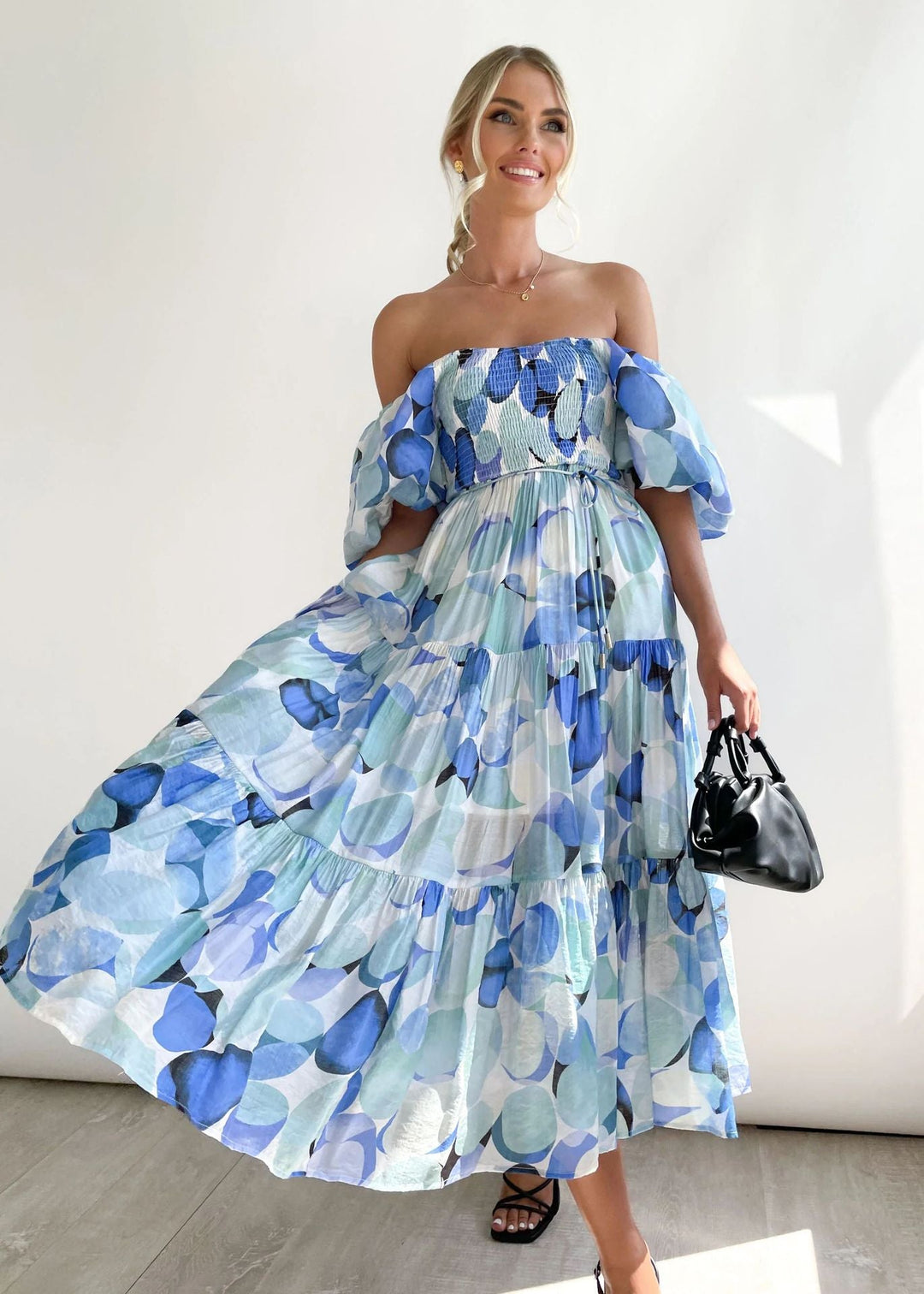 Ophelia | Abstract Floral Smocked Puff Sleeve Off Shoulder Dress