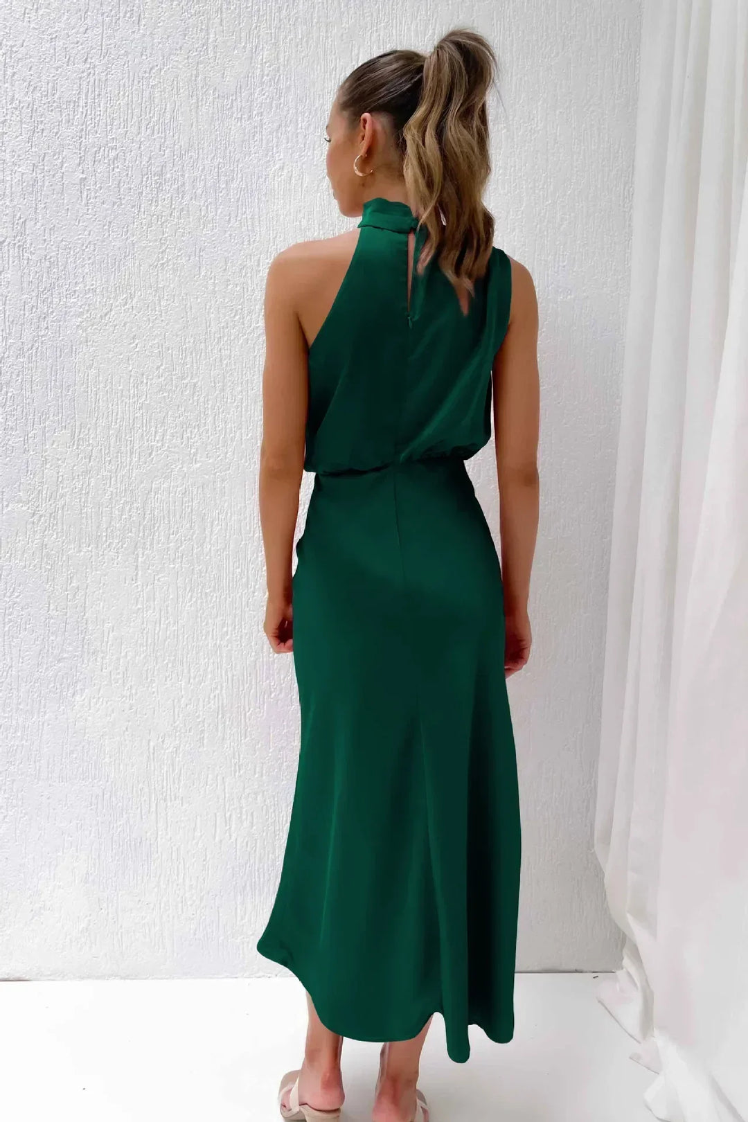 Sienna | Draped Twist Blouson Halter Neck Maxi Dress in Satin
