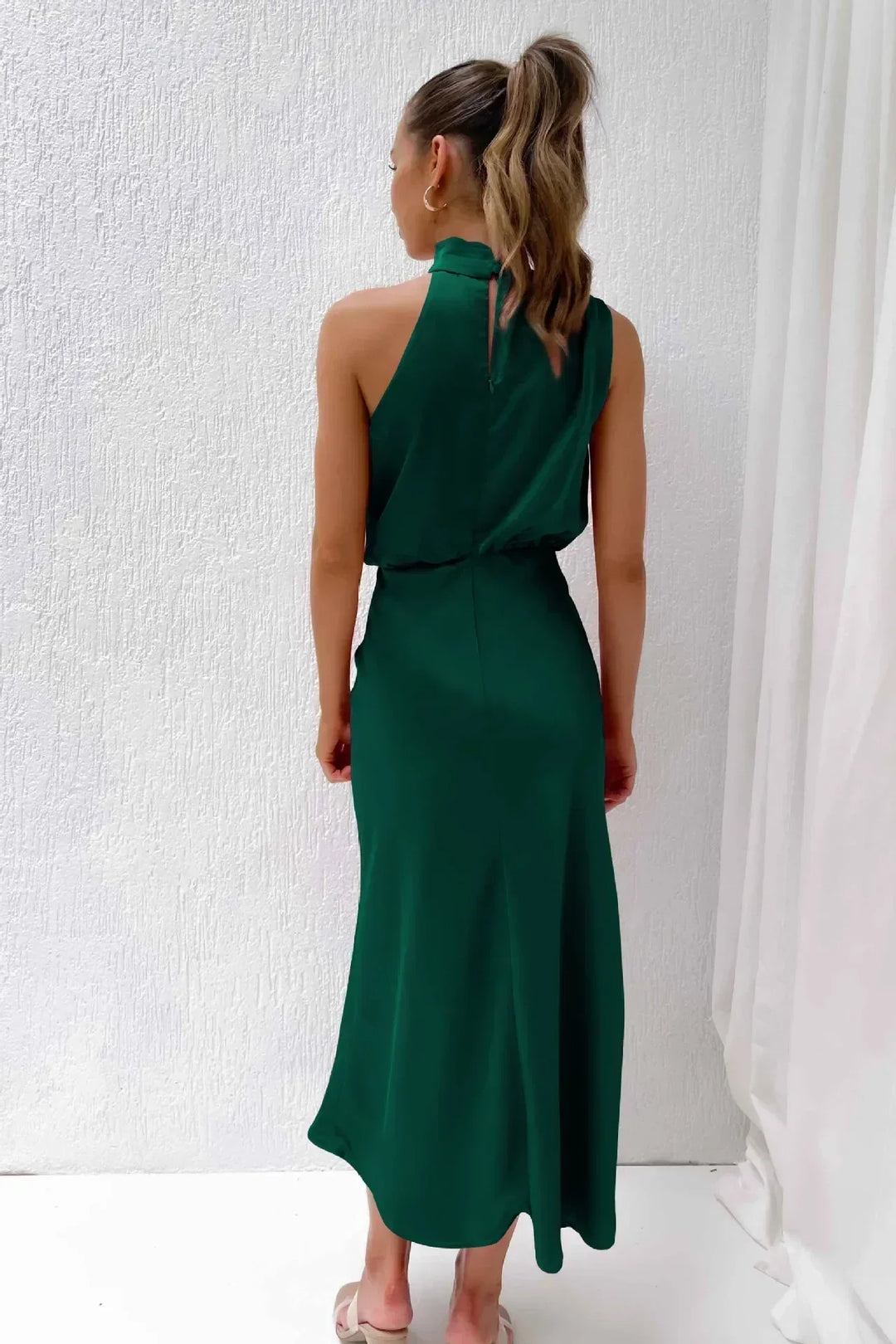 Wilhelmina | Women's Halter Neck Satin Maxi Dress with Draped Cowl Detail
