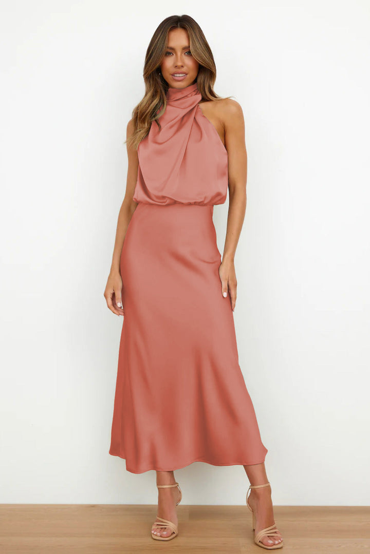 Sienna | Draped Twist Blouson Halter Neck Maxi Dress in Satin