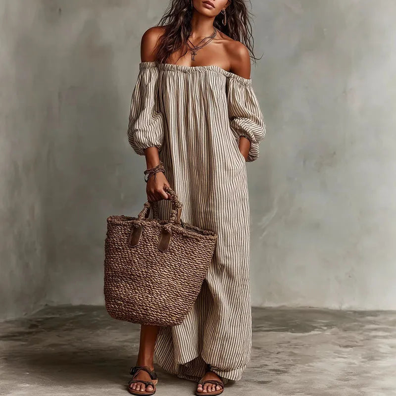 Paloma | Striped Puff Sleeve Off Shoulder Dress