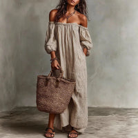 Perpetua | Women's Off Shoulder Striped Maxi Dress with Balloon Sleeve Detail