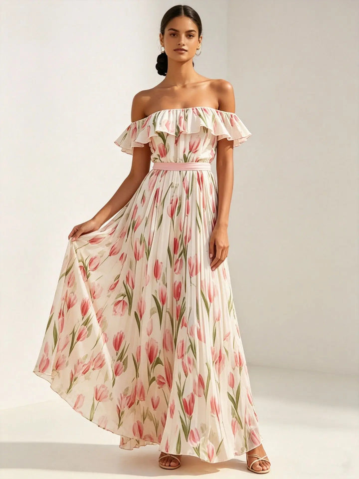 Flora | Tulip Print Ruffle Bardot Off Shoulder Dress