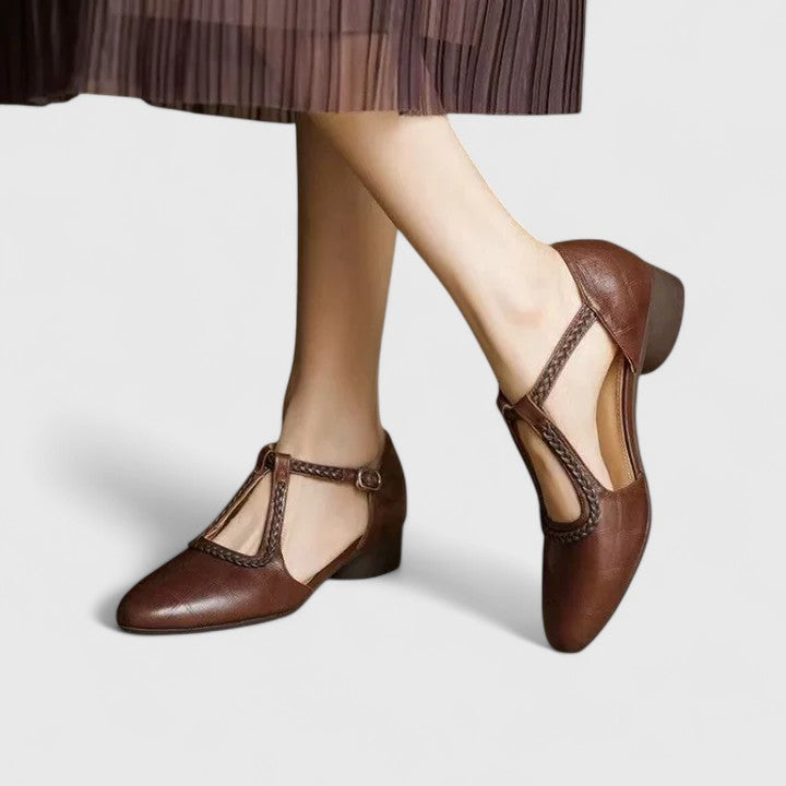 Brynn | Braided T-Bar Round Toe Orthopedic Flats in Leather