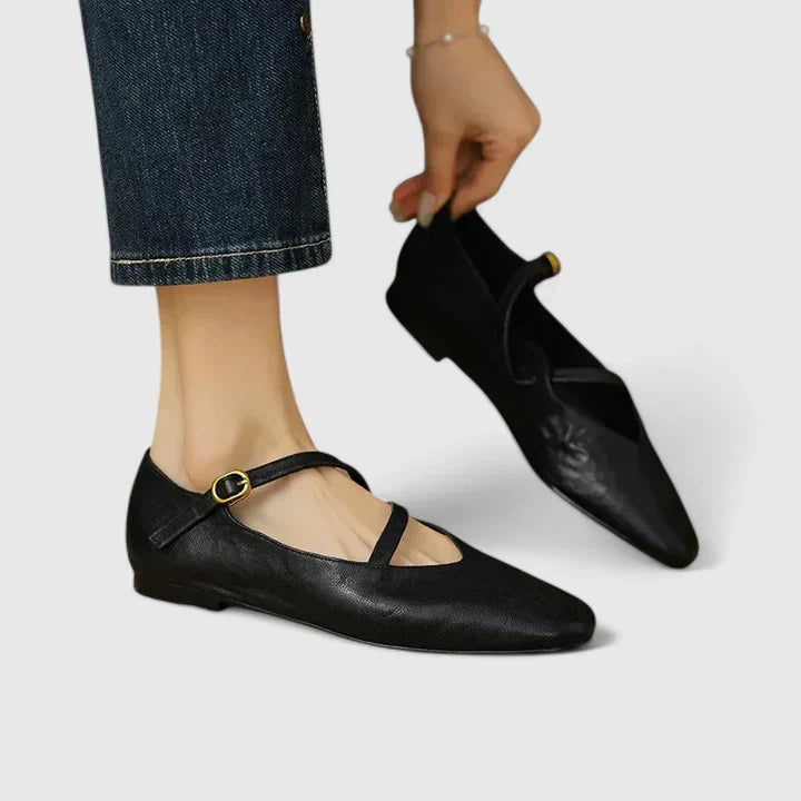 Odette | Textured Mary Jane Orthopedic Flats with Gold Buckle
