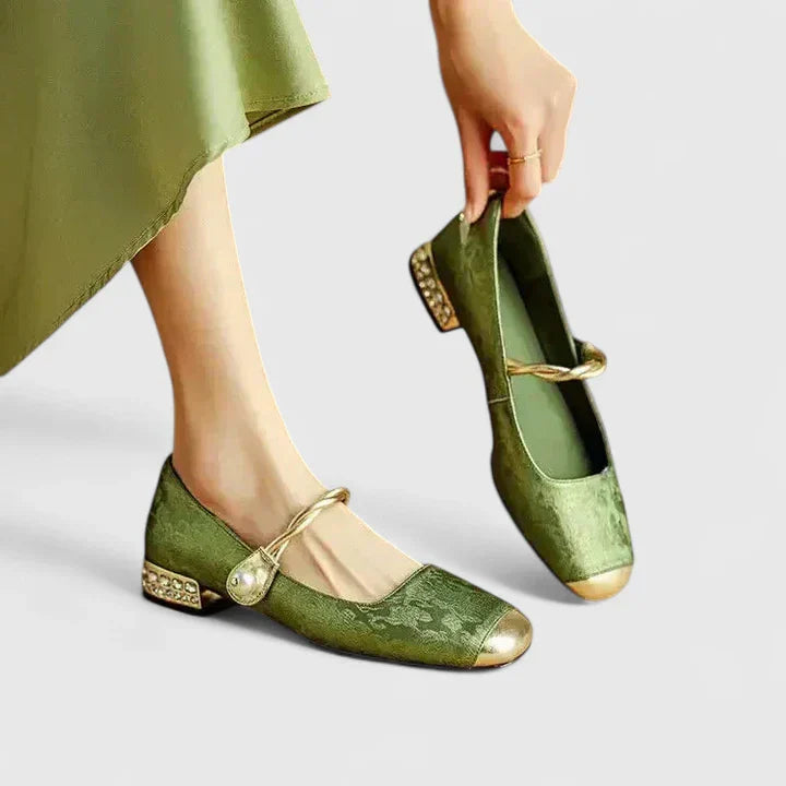 Luelle | Velvet Pearl Strap Cap Toe Mary Jane Flats