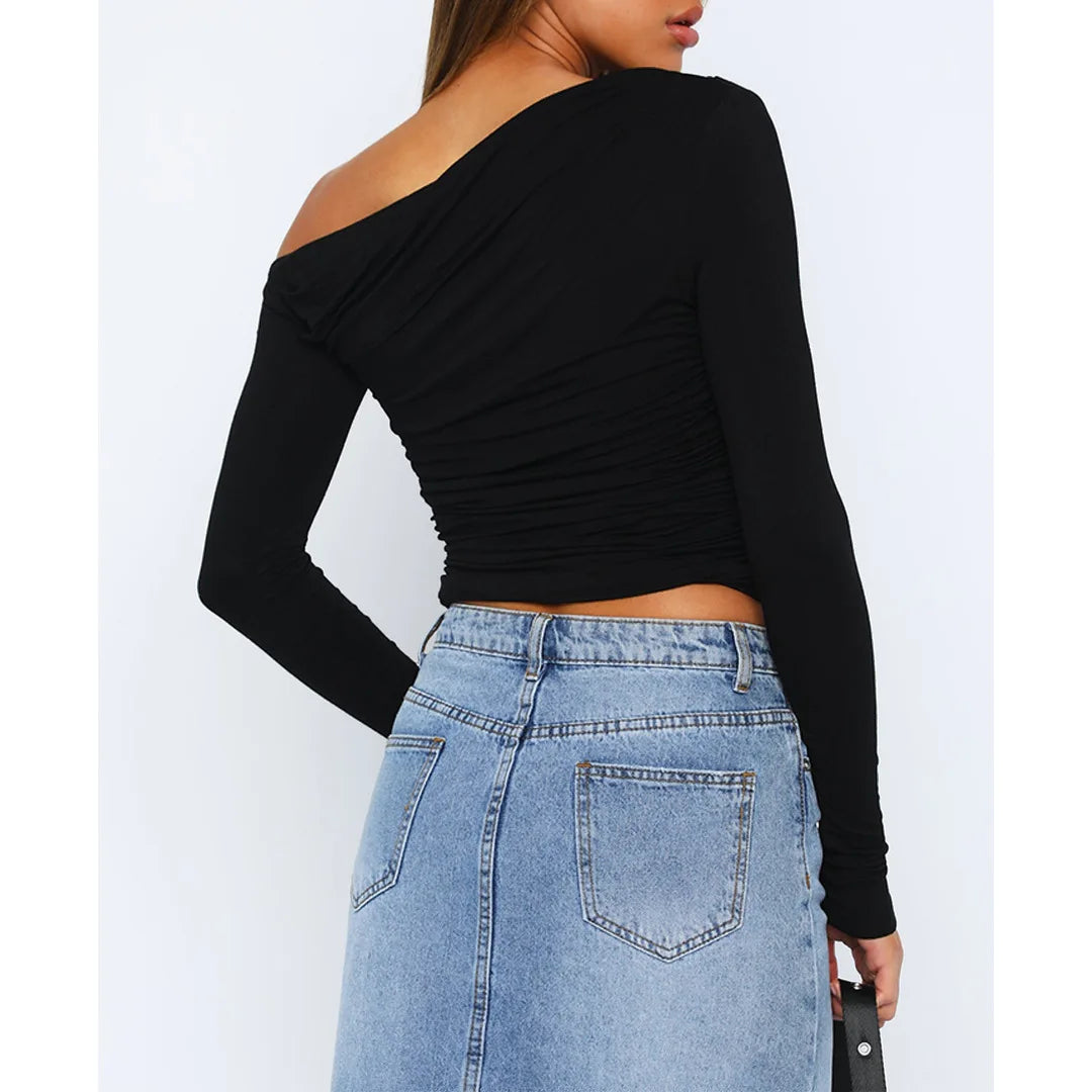 Marisol | Women's Long Sleeve Off Shoulder Ruched Top Cropped Fit