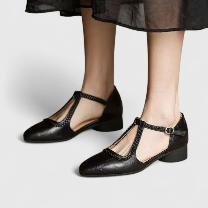 Brynn | Braided T-Bar Round Toe Orthopedic Flats in Leather