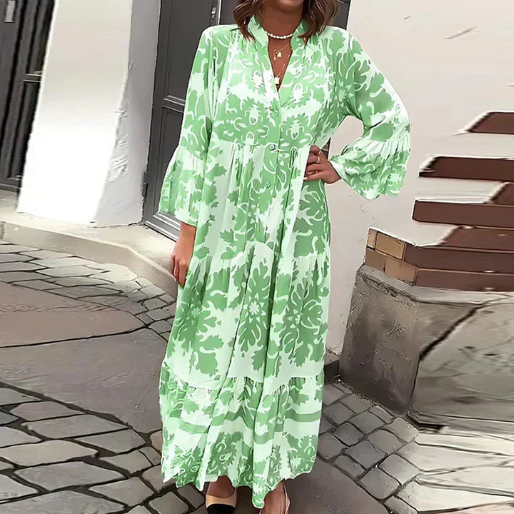 Versailles | Baroque Print Button Front Lantern Sleeve Boho Dress