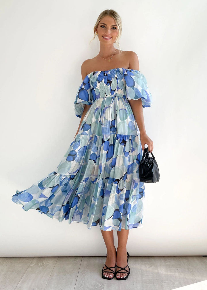 Ophelia | Abstract Floral Smocked Puff Sleeve Off Shoulder Dress