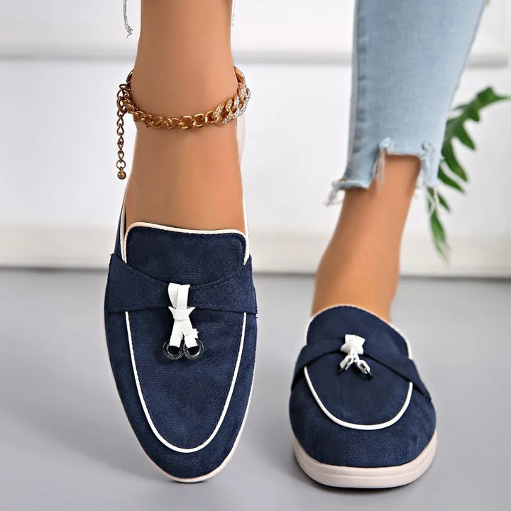 Frankie | Suede Tassel Trim Backless Loafer Orthopedic Flats
