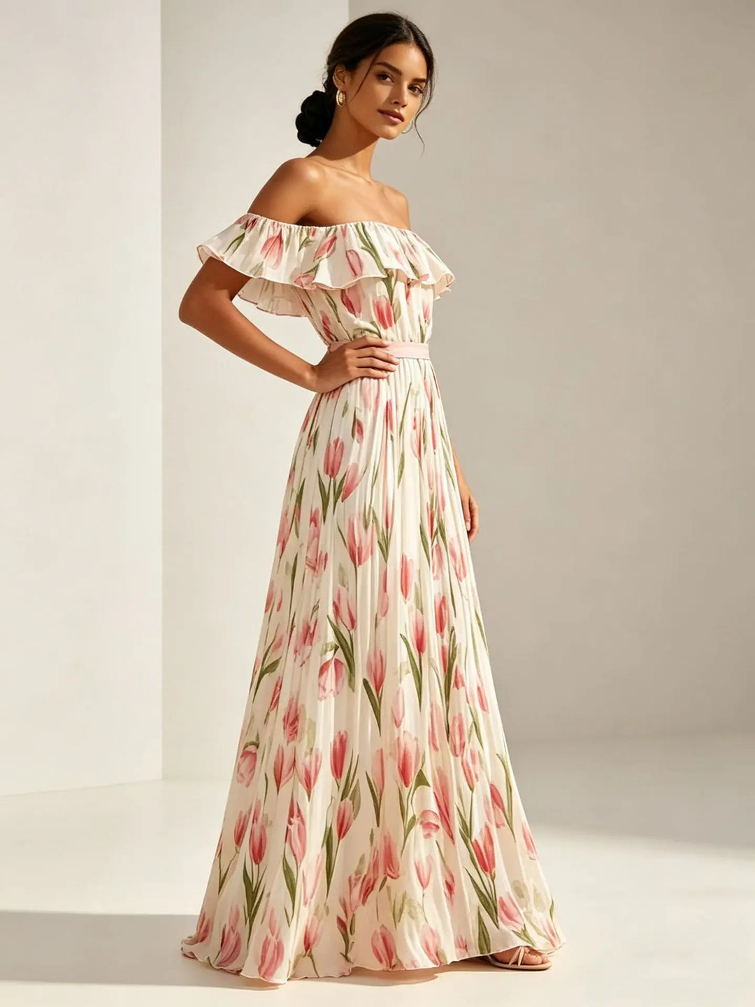 Flora | Tulip Print Ruffle Bardot Off Shoulder Dress