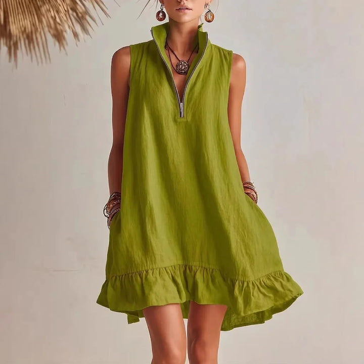 Isolde | Women's Zip Stand Collar Ruffle Hem Mini Dress