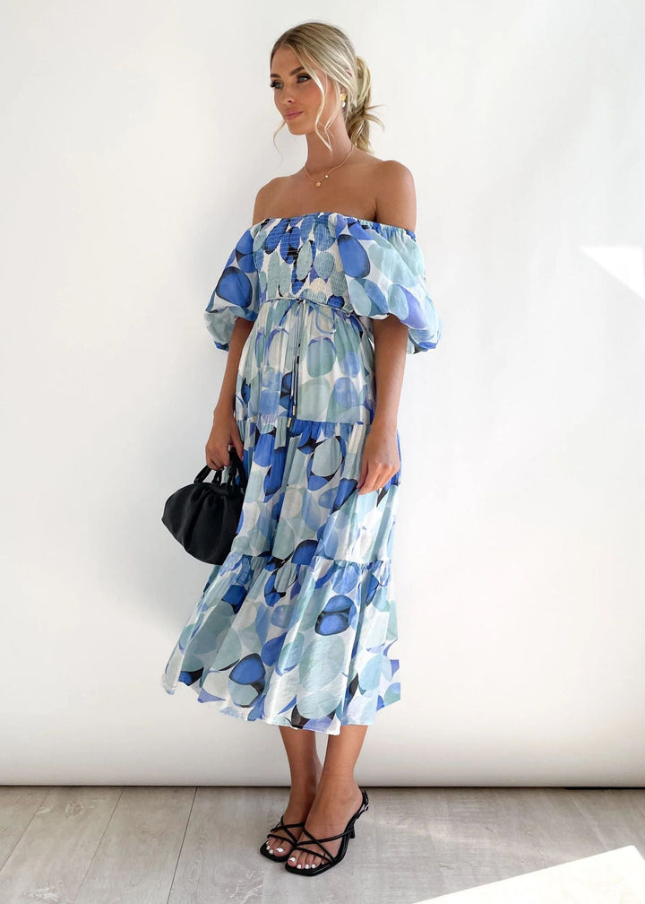 Ophelia | Abstract Floral Smocked Puff Sleeve Off Shoulder Dress