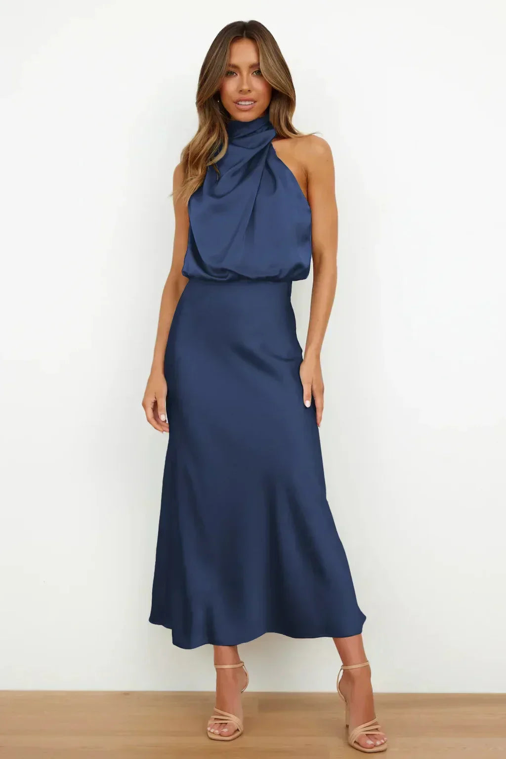 Sienna | Draped Twist Blouson Halter Neck Maxi Dress in Satin