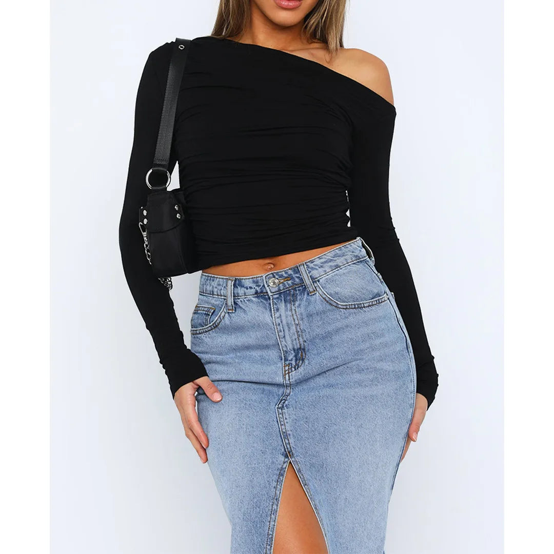 Marisol | Women's Long Sleeve Off Shoulder Ruched Top Cropped Fit