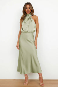 Wilhelmina | Women's Halter Neck Satin Maxi Dress with Draped Cowl Detail