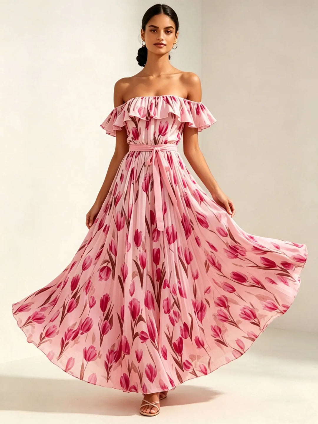 Flora | Tulip Print Ruffle Bardot Off Shoulder Dress