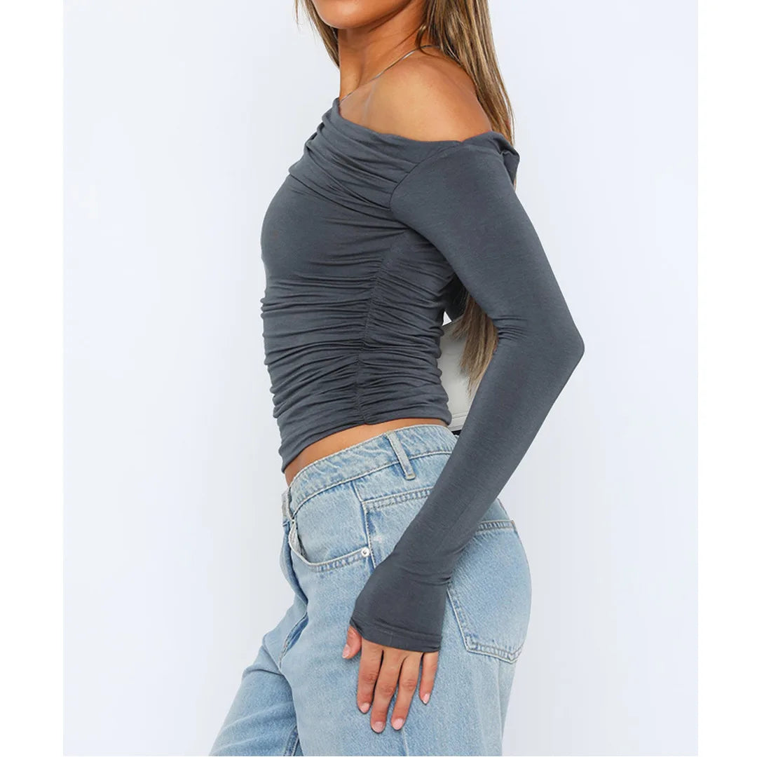 Marisol | Women's Long Sleeve Off Shoulder Ruched Top Cropped Fit
