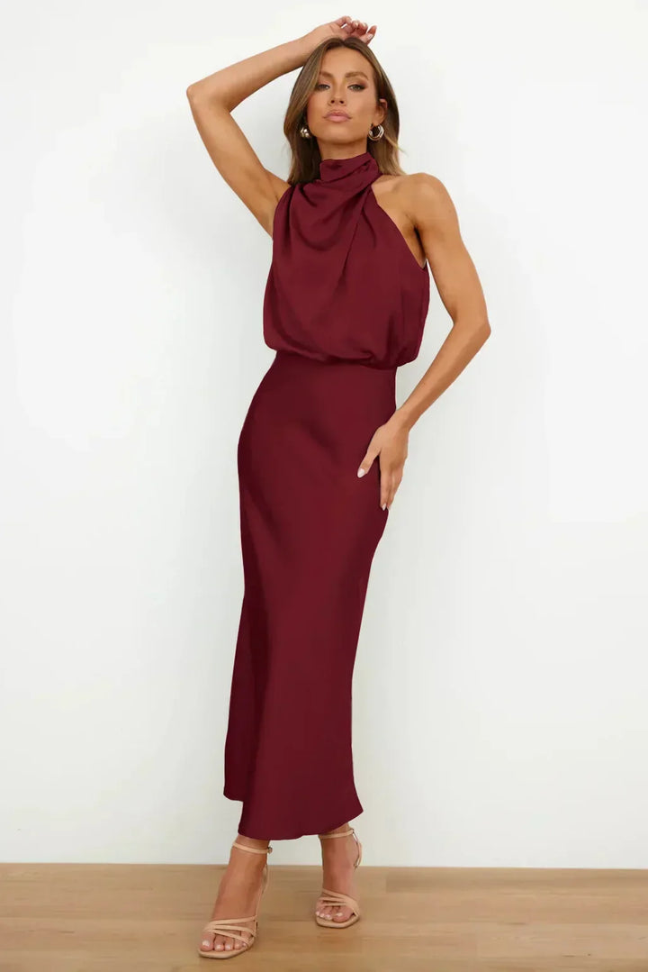 Sienna | Draped Twist Blouson Halter Neck Maxi Dress in Satin
