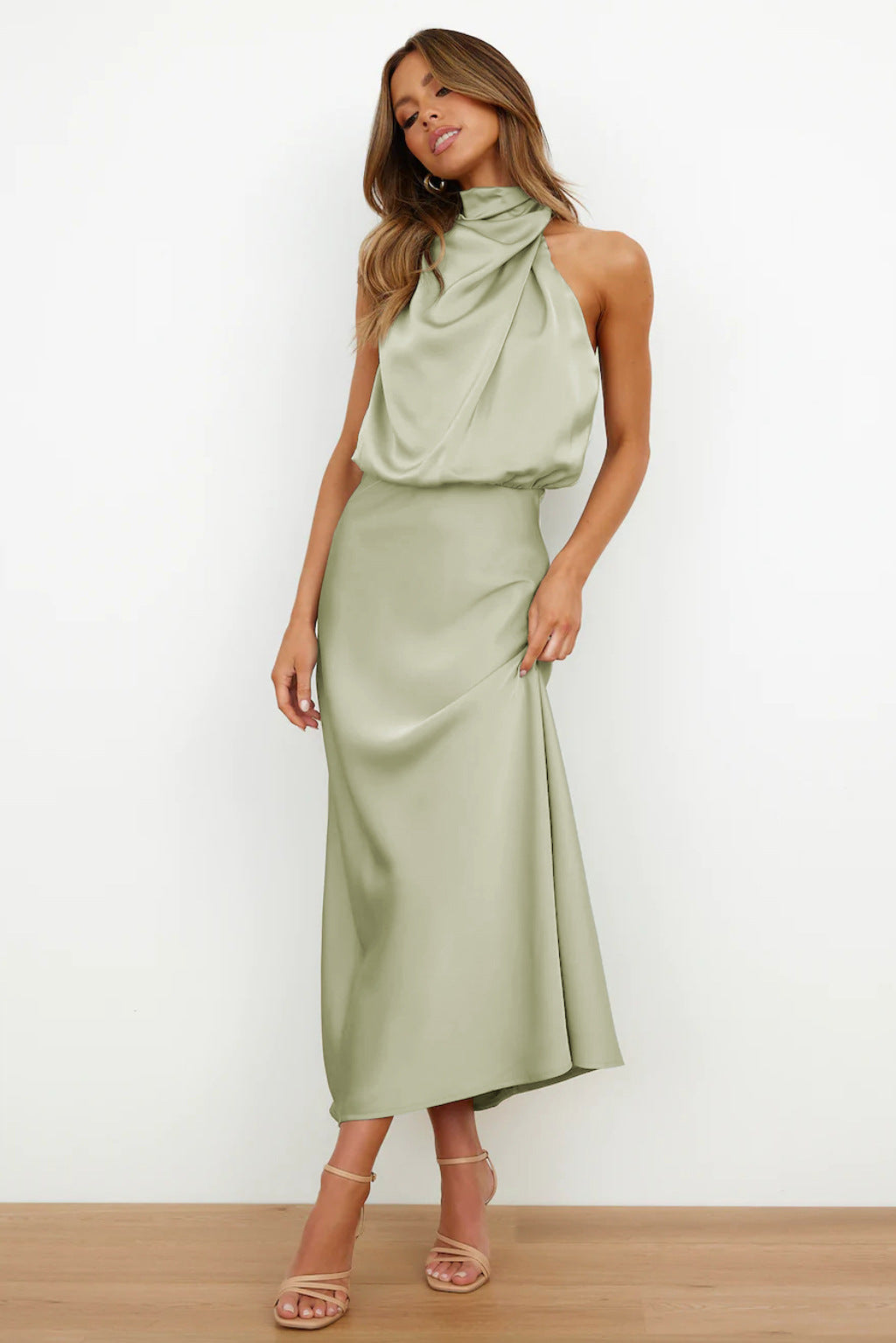 Sienna | Draped Twist Blouson Halter Neck Maxi Dress in Satin
