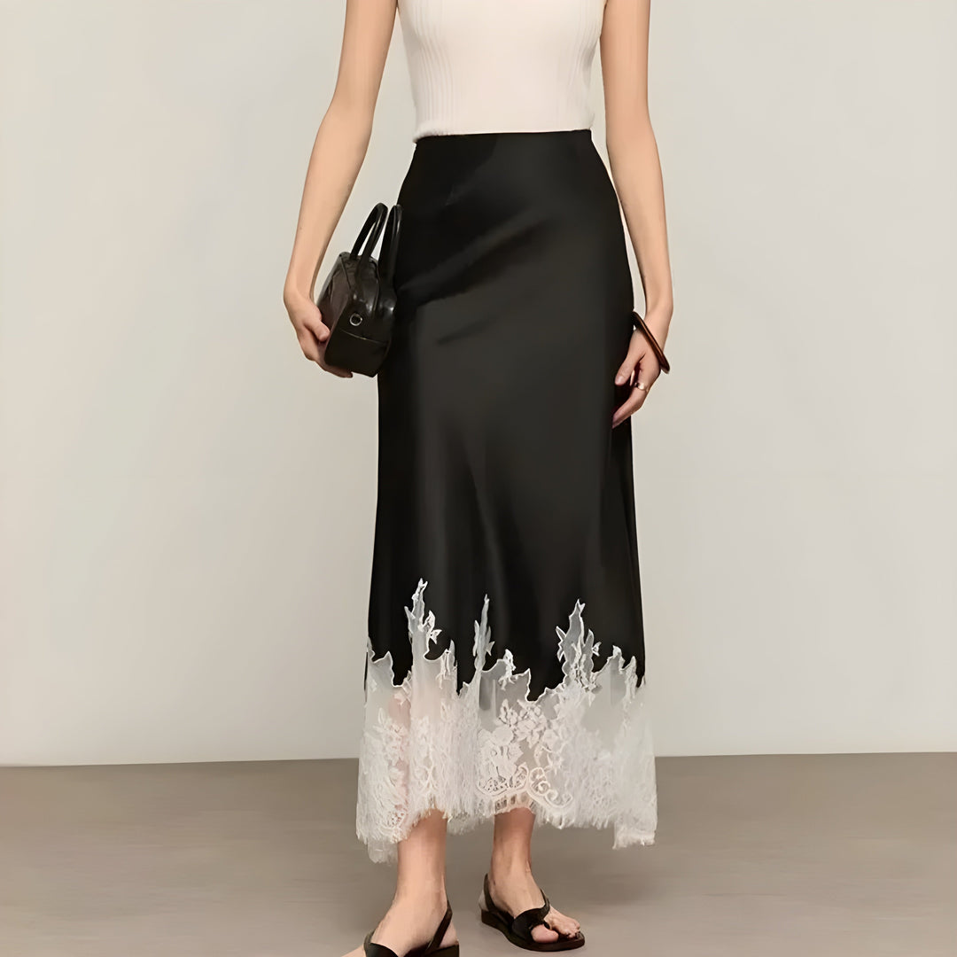 Ophelia | Women's Satin Lace Trim Maxi Skirt