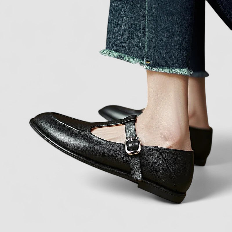 Odette | Cutout T-Strap Leather Mary Jane Flats