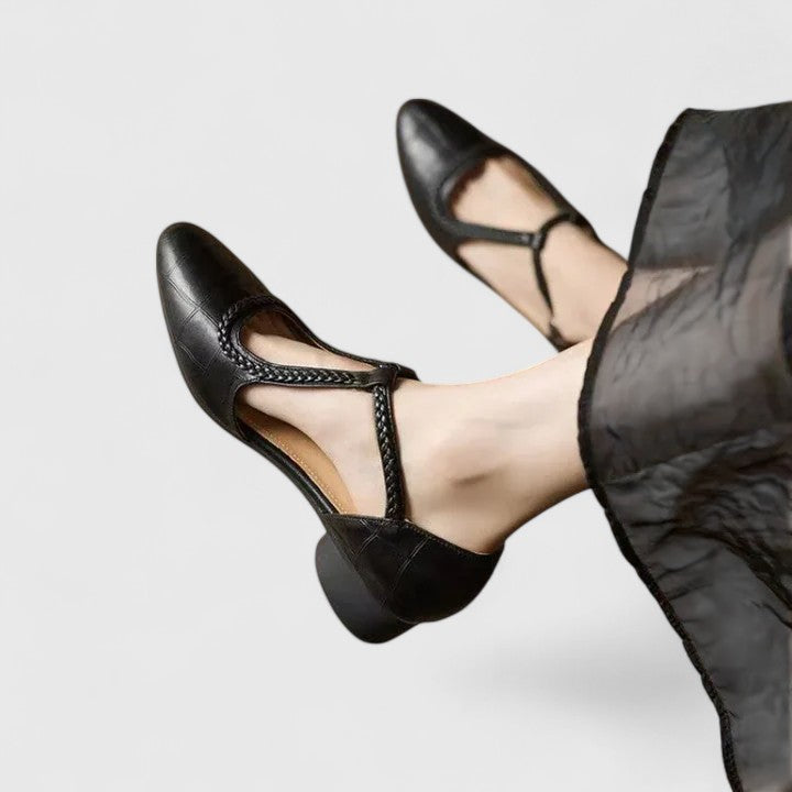 Brynn | Braided T-Bar Round Toe Orthopedic Flats in Leather