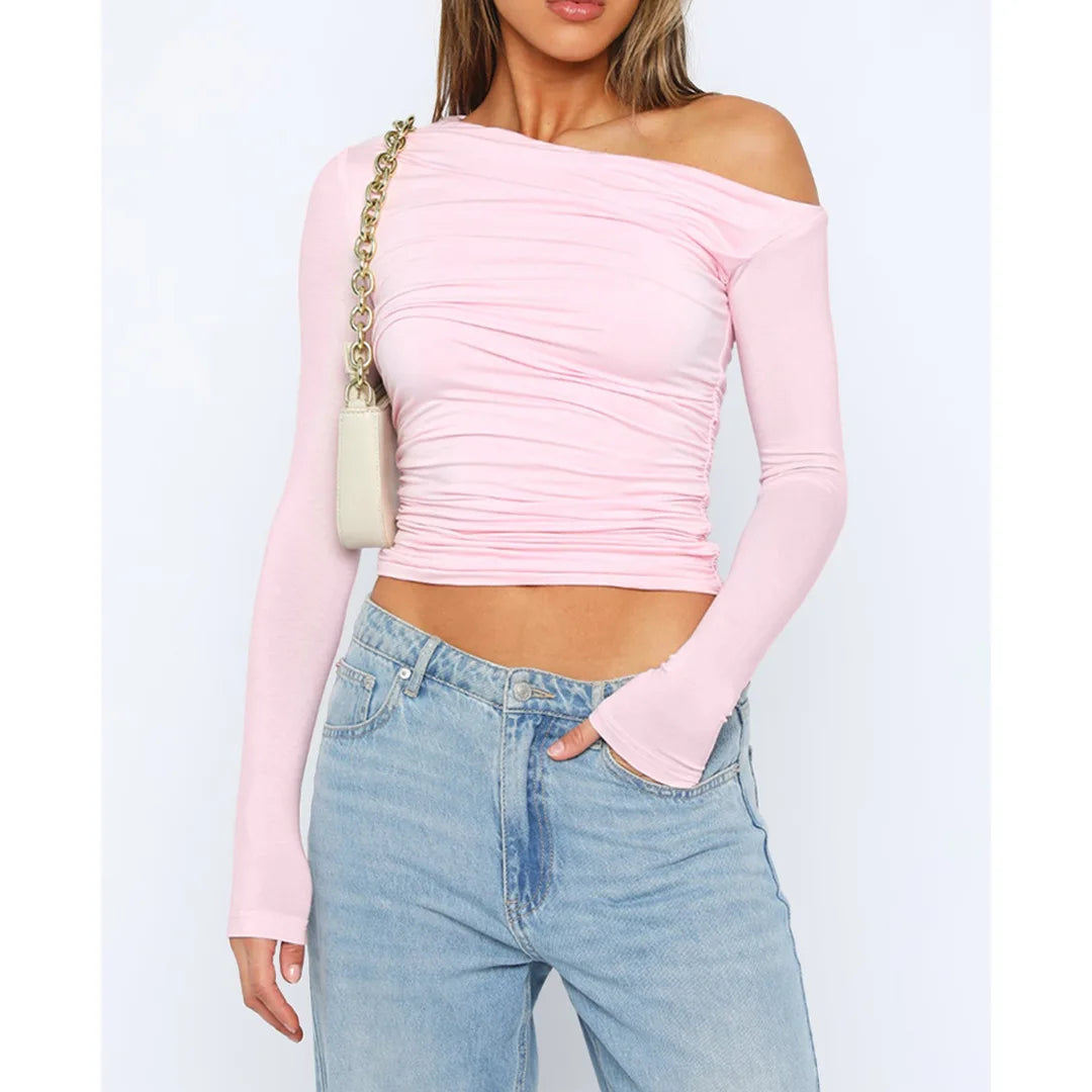 Marisol | Women's Long Sleeve Off Shoulder Ruched Top Cropped Fit