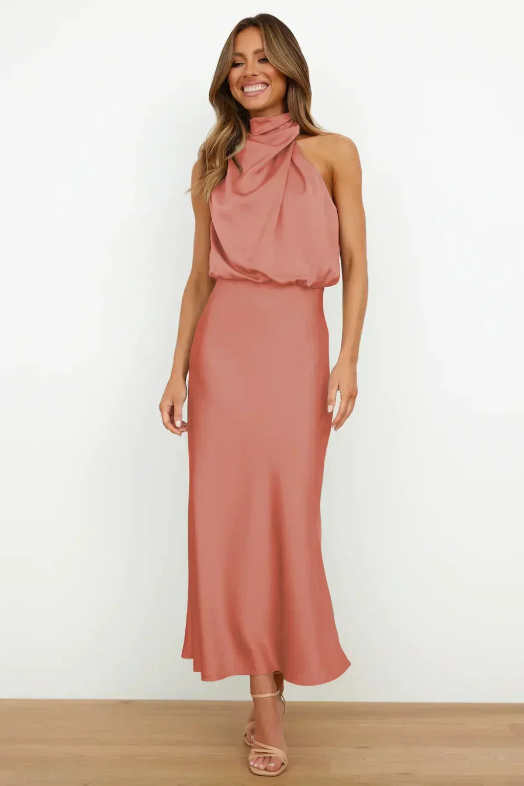 Sienna | Draped Twist Blouson Halter Neck Maxi Dress in Satin